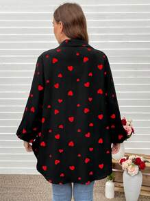 SHEIN LUNE Plus Size Women's Heart Doll Shirt Lantern Sleeve Wrinkle Concealing Slim Fit Shirt Heart Valentine Rose Curve Valentines Clothes Boho Cowgirl Old Money Festival Bohemian Western Wear Women Hippie Summer Boho Old Money/Valentine's Day