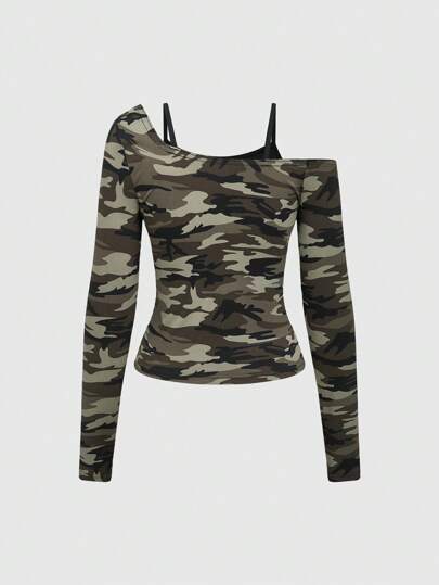 Grunge Punk T-shirt slim à manches longues pour femmes, 2-en-1, avec imprimé camouflage bicolore et décoration de strass, style punk
