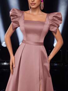 Glamrae Vestido formal elegante de línea A con abertura alta, cuello cuadrado y mangas abultadas, adecuado para citas, fiestas de solteros, bodas, eventos y ocasiones formales, vestido para invitada de boda, vestido de fiesta, vestido de noche, vestido de gala