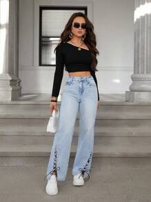 SHEIN Essnce 女式直筒剪裁系带洗水牛仔裤 - 淺色水洗藍 - 查看 3