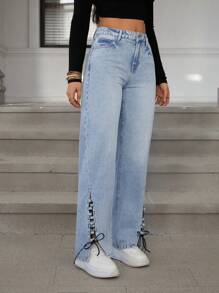 SHEIN Essnce 女式直筒剪裁系带洗水牛仔裤 - 淺色水洗藍 - 查看 6