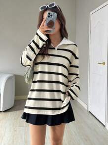 Muchica Women Casual Striped Long Sleeve Loose Turndown Collar T-Shirt, Autumn