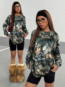 StreetHx Women's Vintage Street Style Loose Leaf Print T-Shirt, Autumn