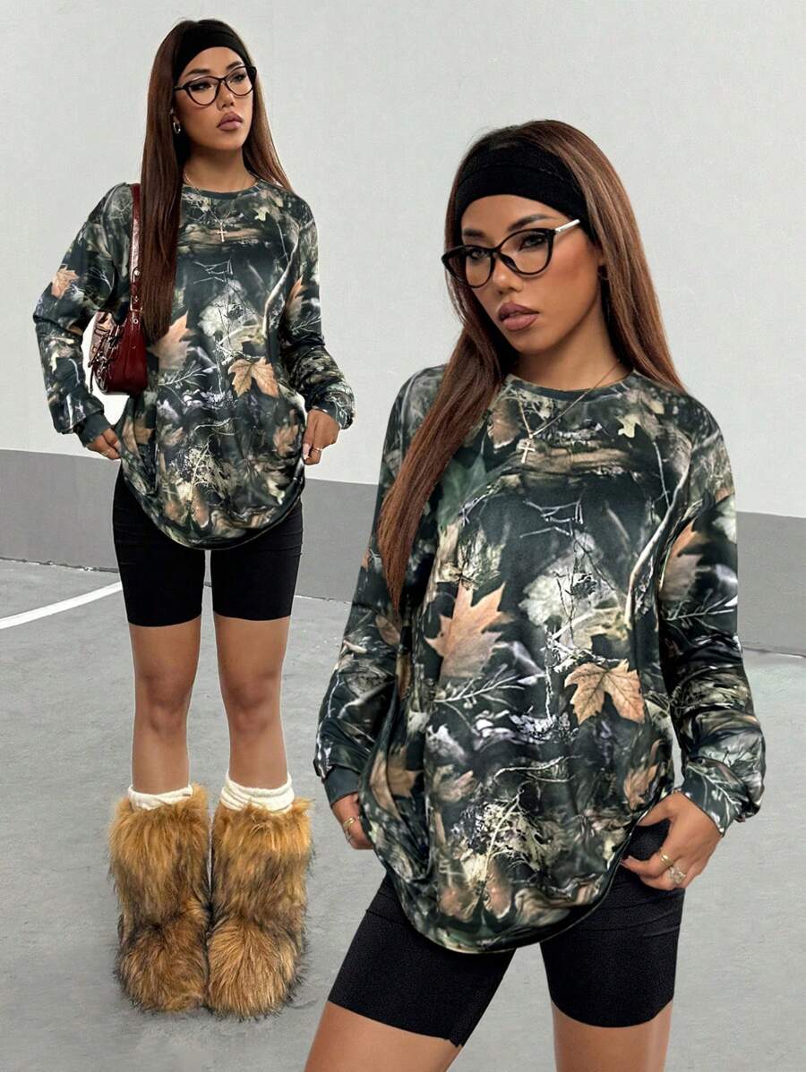 StreetHx Women's Vintage Street Style Loose Leaf Print T-Shirt, Autumn