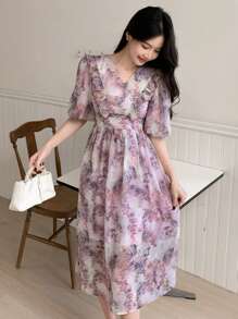 DAZY Vestido midi con cuello en V, manga farol, volantes en el dobladillo para mujer, con estampado floral, apropiado para vestir en el Día de San Valentín