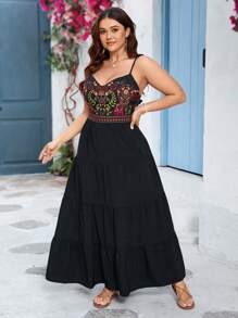 SHEIN VCAY Plus Size Boho Vacation & Valentine's Day Spaghetti Strap V-Neck Floral Print Ruched A-Line Dress, Valentine, For Summer,Beach Dress Sundress,Holiday Outfits - Black - View 6