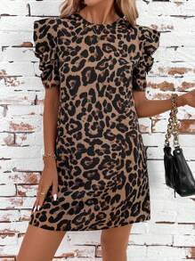 SHEIN Clasi Ladies' Leopard Print Short Sleeve Summer Dress With Round Neck And Straight Cut - Multicolor - View 4
