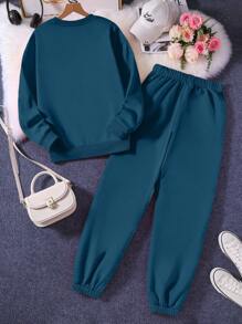 INAWLY Women Solid Color Round Neck Long Sleeve Sweatshirt And Drawstring Waist Pants Casual Set, Autumn/Winter Fall Cloth For Women