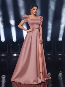 Glamrae Vestido formal elegante de línea A con abertura alta, cuello cuadrado y mangas abultadas, adecuado para citas, fiestas de solteros, bodas, eventos y ocasiones formales, vestido para invitada de boda, vestido de fiesta, vestido de noche, vestido de gala