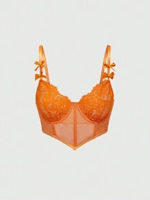 ROMWE Avant Y2K Lace Mesh Patchwork Bow Underwired Chain Open Crotch Lingerie Set, Sexy Roleplay - Orange - View 8