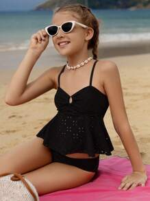 SHEIN Tween Girls Solid Color Hollow Tiered Ruffle Tankini Swimwear Set