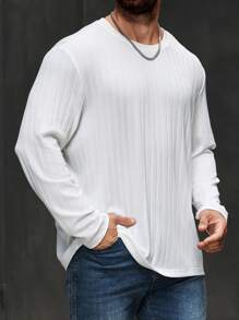 Manfinity Homme Plus Size Men's Solid Color Round Neck Long Sleeve Ribbed Casual T-Shirt, Autumn - White - View 5