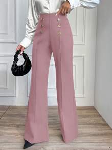 SHEIN Cottnline 女式纯色纽扣直筒休闲裤 - 藕粉色 - 查看 5