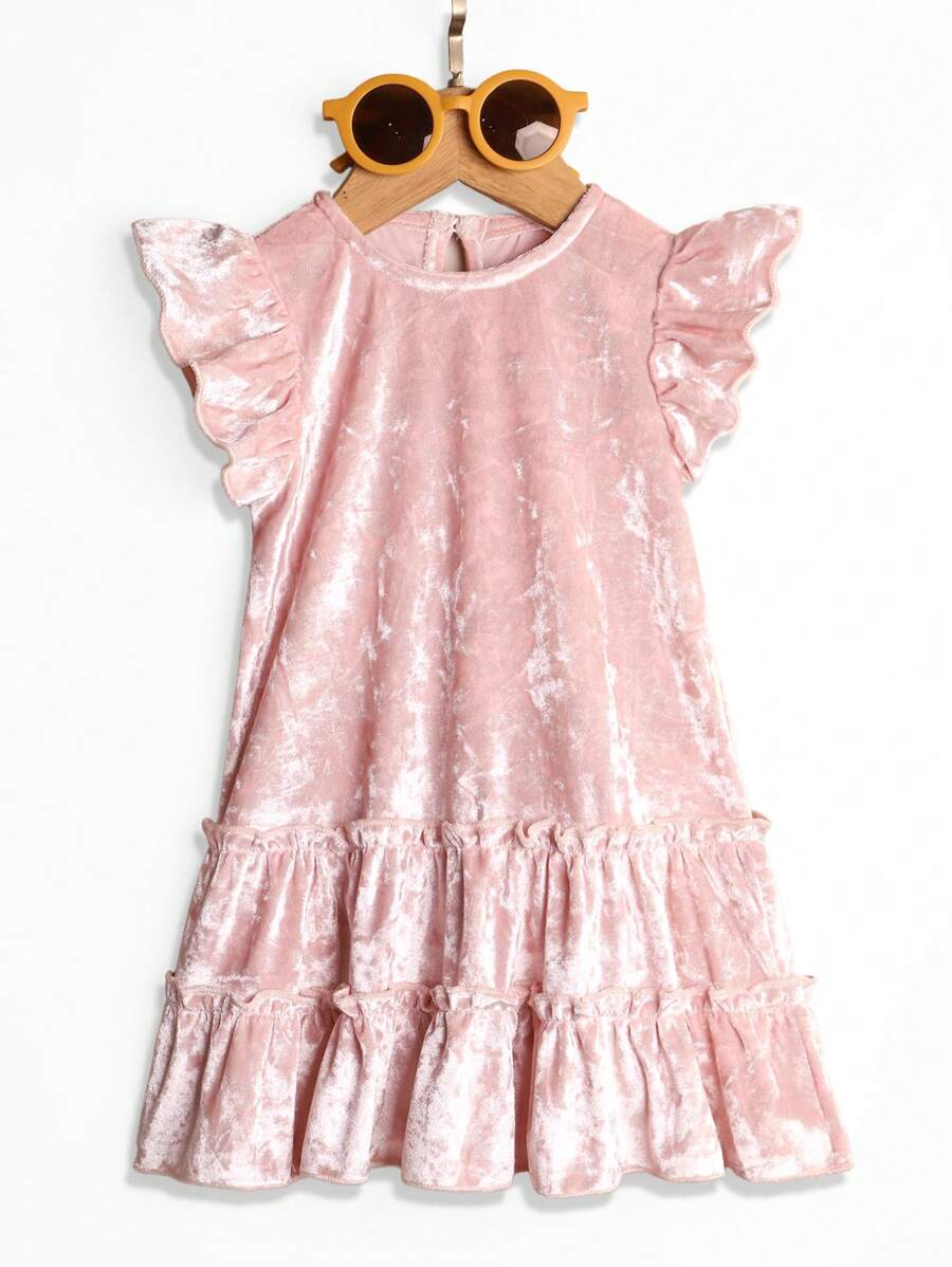 姐妹款甜美飘逸亮片荷叶边圆领盖袖优雅休闲派对连衣裙，适合女婴和幼儿，夏季 - 粉色 - 查看 1