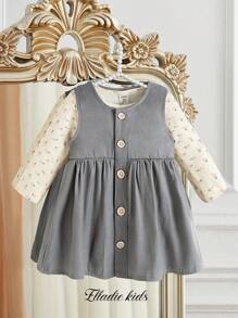 SHEIN Baby Girl Tulip & Floral Digital Print Comfortable Long Sleeve Top And Sleeveless Button Front Dress Set, Cozy & Warm Cute Outfit For Outdoor - Multicolor - View 4