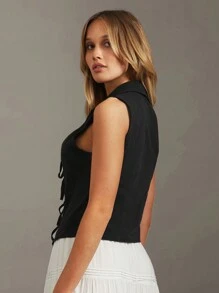 SHEIN Essnce Camicetta casual da donna con laccio frontale, senza maniche, in colore nero tinta unita, senza maniche, casual, adatta a vacanze, feste di Capodanno, Natale e stile Y2K - nero - Visualizzare 13