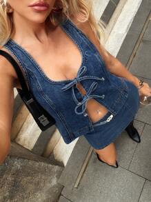 Forever 21 Áo denim không tay thường ngày cho nữ có dây buộc phía trước và viền xẻ - Màu xanh lam - Xem 7
