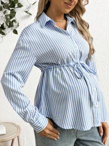 SHEIN Camisa casual de embarazo de manga larga con cordón a la cintura y rayas - Azul y blanco - Ver 3