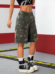 SHEIN ICON Street Style Camo Print Denim Knee-Length Shorts For Women - Army Green - View 2