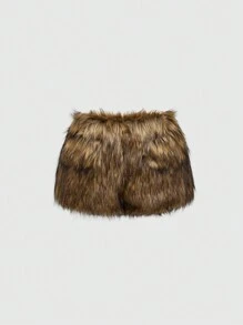 ROMWE Grunge Punk Spring Party Y2K Gyaru Baddie Faux Fur Super Low Rise Mini Shorts - Brown - View 2