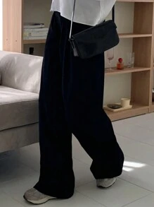 DAZY Pantalon noir ample femme, couleur unie, style casual chic, pour toute l'année - Noir - Voir 5