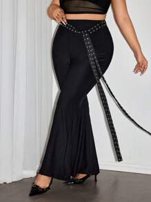 SHEIN ICON Plus Size Black Knit Flare Pants With Punk Style PU Leather Riveted Belt - Black - View 5
