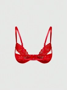 ROMWE Romantic Valentine's Day Heart Lace & Satin Patchwork Underwire Lingerie Set - Red - View 6