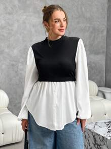 SHEIN Essnce Plus Size Color Block Ruffle Hem Crew Neck Long Sleeve Blouse For Women - Black and White - View 4