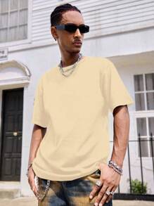 Manfinity Dauomo 男士圆领短袖字母印花简约 T 恤，休闲日常穿着 - 杏色 - 查看 3