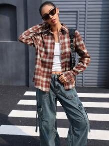 SHEIN Unity British Style Vintage Plaid Button Down Collared Versatile Shirt, Suitable For Valentine's Day, Spring/Autumn Fall Cloth For Women - Multicolor - View 5