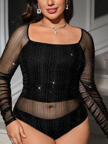 SHEIN Clasi Autumn/Winter Elegant Sparkling Black Rhinestone Mesh Bodysuit For Plus Size, Suitable For Party - Black - View 6