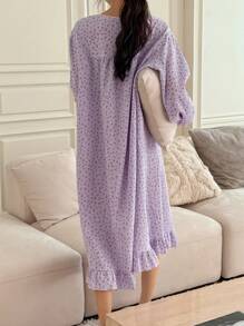 DAZY Cute Cherry Pattern All-Over Print Ruffle Trim Elegant Ladies' Spring Nightgown Pajama, Moo Moo, For Fall, Winter - Purple - View 2