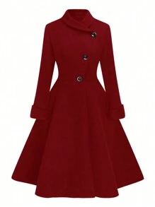 SHEIN LUNE Plus Size Long Tailored Coat For Women, Solid Color, Winter - Burgundy - View 1