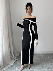 Chiquease Women's Elegant Black & White Color Block Off Shoulder Bodycon Sexy Dress