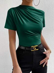 Chiquease Solid Color Round Neck Short Sleeve Casual T-Shirt - Dark Green - View 4