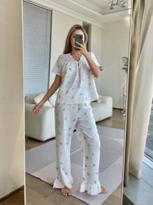 SHEIN 青少年女孩 2 件花卉图案蕾丝边 V 领蝴蝶结短袖上衣和阔腿荷叶边下摆休闲睡裤家居服套装