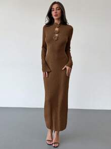 Aloruh Young Women's Minimalist High Neck Long Sleeve Fitted H-Hem Dress, Mixed Yarn Splicing Design, Casual Commuter Dress