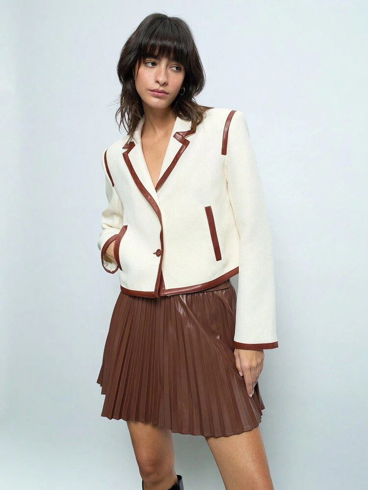 SHEIN Maija Women's Autumn Trimmed Lapel Neck Single-Breasted Short Jacket,Festival