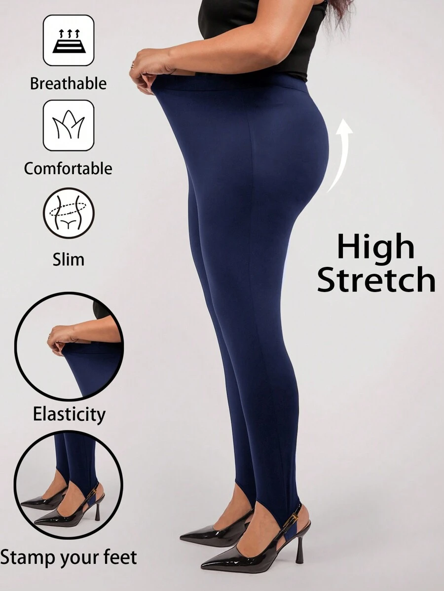 SHEIN Clasi Black Knit Elastic Plus Size Stirrup Leggings - Navy Blue - View 1