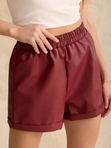 SHEIN Frenchy Women Solid Color Elastic Waist PU Leather Loose Casual Shorts