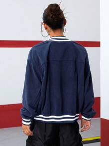 Chaqueta minimalista de mujer de unicolor con parches y cremallera frontal de manga larga - Azul Marino - Ver 2