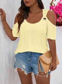 SHEIN LUNE Plus Size Metallic Decor Jacquard Cold Shoulder Top For New Year Clothes