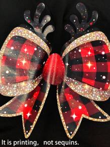 Christmas Women Casual Fashionable Cartoon Antler Sequin Plaid Stripe Bow Pattern Print Basic Short Sleeve T-Shirt, Suitable For Christmas Party Graphic Tees Women Tops - Black - View 3