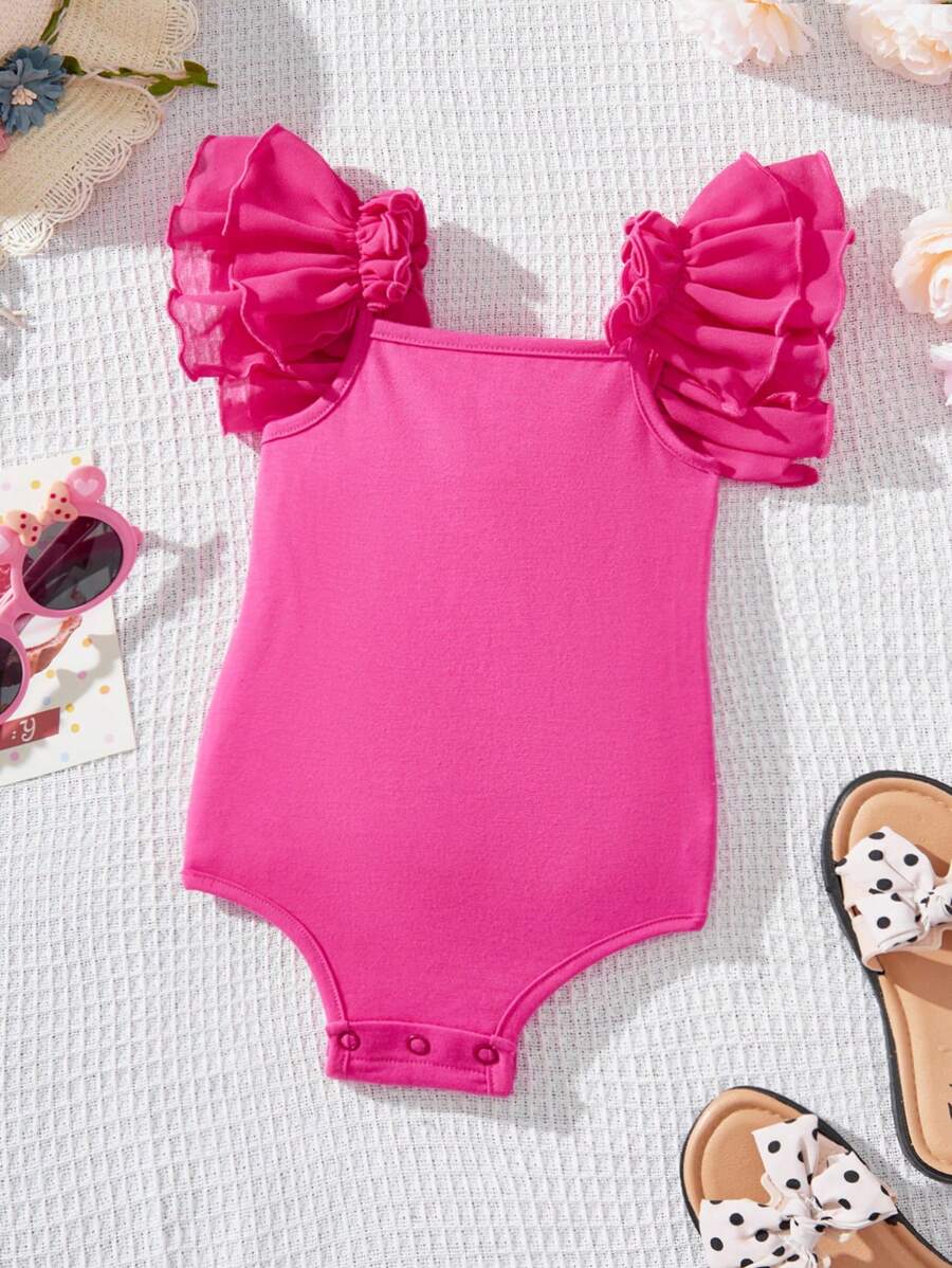 SHEIN 可爱粉色针织短袖连体衣，适合女宝宝，夏季 - 玫紅色 - 查看 1
