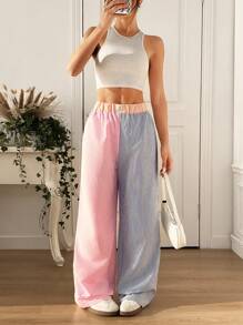 SHEIN EZwear 女款字母贴布宽腿宽松拼色条纹裤