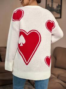 Calvaya Plus Size Valentine's Day Heart Pattern Flocked Sweater, White Background Knit Pullover Fall Winter - Beige - View 2