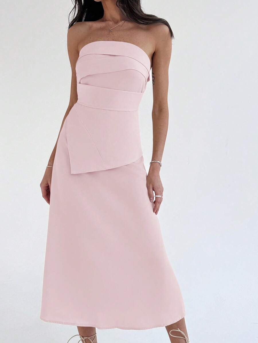 Aloruh 1 件女士简约优雅褶皱吊带背心连衣裙，合身喇叭形廓形 - 淺粉色 - 查看 1