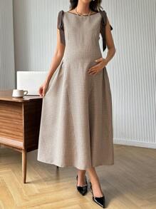 SHEIN Maternity Round Neck Sleeveless Tie-Up Decor Fitted Slim Dress - Brown - View 4