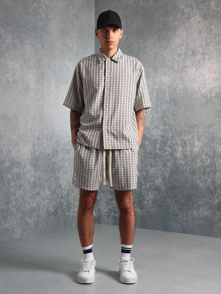 SUMWON Boxy Fit Checkered Shirt And Short 2 Piece Set - Black and White - View 1