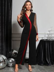 SHEIN Clasi Bộ đồ liền thân dài tay cổ chữ V viền sequin vàng cho nữ, váy vàng - Đỏ - Xem 6